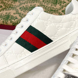Men's Ace Series White Leather GG Embossed Sneakers (with Woven Straps)| 757892 AACAG 9055