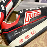MAC80 Series Men's Embroidered Leather Sneakers (Black/Red/White Color Block) |756811 AAB79 1051