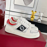 MAC80 Series Men's Double G Embroidered Leather Low-Top Sneakers (Off-White and Black/Red Colorway) |762611 AACNW 1051