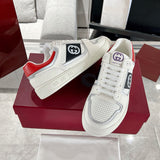 MAC80 Series Men's Double G Embroidered Leather Low-Top Sneakers (Off-White and Black/Red Colorway) |762611 AACNW 1051