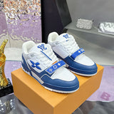 Men's Trainer Sneakers Blue-White Perforated Grained Calfskin with Velcro Strap |1AHTBV