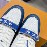 Men's Trainer Sneakers Blue-White Perforated Grained Calfskin with Velcro Strap |1AHTBV
