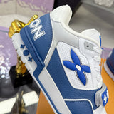 Men's Trainer Sneakers Blue-White Perforated Grained Calfskin with Velcro Strap |1AHTBV