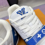 Men's Trainer Sneakers Blue-White Perforated Grained Calfskin with Velcro Strap |1AHTBV