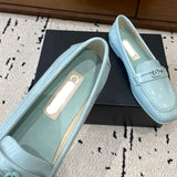 Women's Light Blue Patent Calfskin Moccasin Loafers |G45409 B15232 NT973