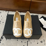 Women's Beige Diamond-Quilted Lambskin Double C Logo Lace-Up Ballet Flats |G47125