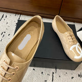 Women's Beige Diamond-Quilted Lambskin Double C Logo Lace-Up Ballet Flats |G47125