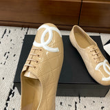 Women's Beige Diamond-Quilted Lambskin Double C Logo Lace-Up Ballet Flats |G47125