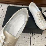 Women's White Quilted Lambskin Lace-Up Ballet Flats G24762