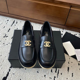 Women's Black Calfskin Loafers with Gold Camellia Double C Logo| G45663