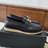 Women's Black Calfskin Loafers with Gold Camellia Double C Logo| G45663