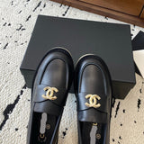 Women's Black Calfskin Loafers with Gold Camellia Double C Logo| G45663