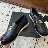 Women's Black Calfskin Loafers with Gold Camellia Double C Logo| G45663