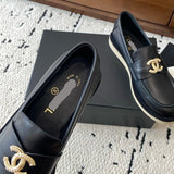 Women's Black Calfskin Loafers with Gold Camellia Double C Logo| G45663