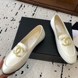 Women's Ivory White Glossy Calfskin Double C Logo Loafers| G39745 Y56385 10601