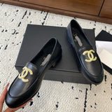 Women's Retro Gold CC Logo Black Lambskin Loafers |G36646 X01000 94305