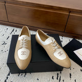 Women's Double C Logo Beige/White Color-Block Oxford Shoes, Chanel-Style Pointed-Toe Flat Derby Shoes |G35823