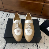 Women's Double C Logo Beige/White Color-Block Oxford Shoes, Chanel-Style Pointed-Toe Flat Derby Shoes |G35823