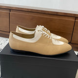 Women's Double C Logo Beige/White Color-Block Oxford Shoes, Chanel-Style Pointed-Toe Flat Derby Shoes |G35823