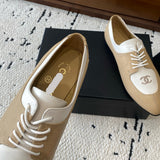 Women's Double C Logo Beige/White Color-Block Oxford Shoes, Chanel-Style Pointed-Toe Flat Derby Shoes |G35823