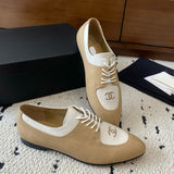 Women's Double C Logo Beige/White Color-Block Oxford Shoes, Chanel-Style Pointed-Toe Flat Derby Shoes |G35823
