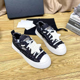 Women's Black Tweed, Distressed Edges, Chunky Sole, Star Accent, Low-Top Sneakers/Sneakers |G45051 Y56608 K7114