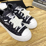 Women's Black Tweed, Distressed Edges, Chunky Sole, Star Accent, Low-Top Sneakers/Sneakers |G45051 Y56608 K7114