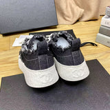 Women's Black Tweed, Distressed Edges, Chunky Sole, Star Accent, Low-Top Sneakers/Sneakers |G45051 Y56608 K7114