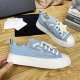 Women's Light Blue Frayed-Edge Denim Star-Print Sneakers |G45903 B16086 N0897