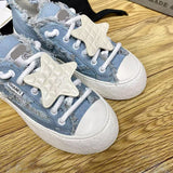 Women's Light Blue Frayed-Edge Denim Star-Print Sneakers |G45903 B16086 N0897