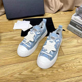 Women's Light Blue Frayed-Edge Denim Star-Print Sneakers |G45903 B16086 N0897