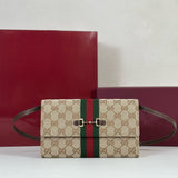 2026 Beige Canvas Horsebit Web Crossbody Wallet (Chain Bag)  867120 FAF88 9645