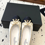 Women's Light Apricot and Black Two-Tone Lambskin Chain-Detail Bow Ballet Flats |G02819 B17983 NZM84