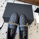 Women's Black Lambskin Loafers/Moccasins (with Gold Metal Chain and Pendant) |G46692 X01000 94305