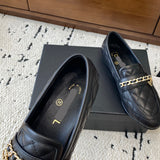 Women's Black Lambskin Loafers/Moccasins (with Gold Metal Chain and Pendant) |G46692 X01000 94305