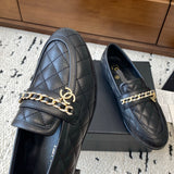 Women's Black Lambskin Loafers/Moccasins (with Gold Metal Chain and Pendant) |G46692 X01000 94305