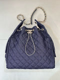 2026 Chain-Strap Tote Bag in Dark Blue Vintage Quilted Denim AS5311 B24037 U9373