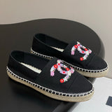 Women's Black Canvas Embroidered Double C Floral Fisherman Shoes |G46310