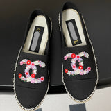 Women's Black Canvas Embroidered Double C Floral Fisherman Shoes |G46310