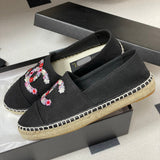 Women's Black Canvas Embroidered Double C Floral Fisherman Shoes |G46310