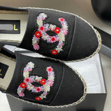Women's Black Canvas Embroidered Double C Floral Fisherman Shoes |G46310