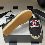 Women's Black Canvas Embroidered Double C Floral Fisherman Shoes |G46310
