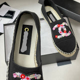 Women's Black Canvas Embroidered Double C Floral Fisherman Shoes |G46310