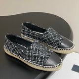 Women's Classic Double C Logo Silver-Threaded Black & White Tweed Straw Fisherman Sandals |G29762