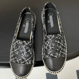Women's Classic Double C Logo Silver-Threaded Black & White Tweed Straw Fisherman Sandals |G29762
