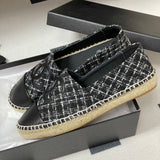 Women's Classic Double C Logo Silver-Threaded Black & White Tweed Straw Fisherman Sandals |G29762