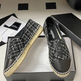Women's Classic Double C Logo Silver-Threaded Black & White Tweed Straw Fisherman Sandals |G29762