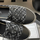 Women's Classic Double C Logo Silver-Threaded Black & White Tweed Straw Fisherman Sandals |G29762