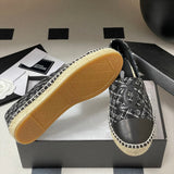Women's Classic Double C Logo Silver-Threaded Black & White Tweed Straw Fisherman Sandals |G29762