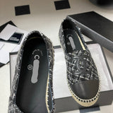 Women's Classic Double C Logo Silver-Threaded Black & White Tweed Straw Fisherman Sandals |G29762